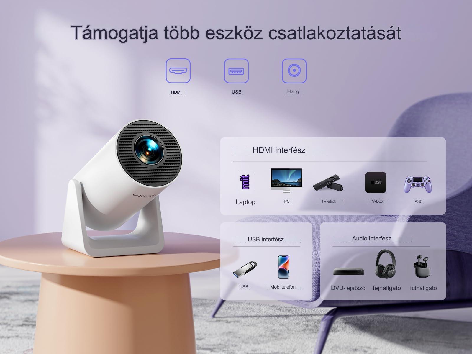 【Automatikus trapéztorzítás-korrekció】 Mini projektor 1080P Full HD 12000L WiFi Bluetooth 270°-ban forgatható, WiMiUS kisméretű, hordozható kis távolságú kivetítő házimozi zoom iOS/Andorid/laptop/táblagép/TV stick/USB projektor számára