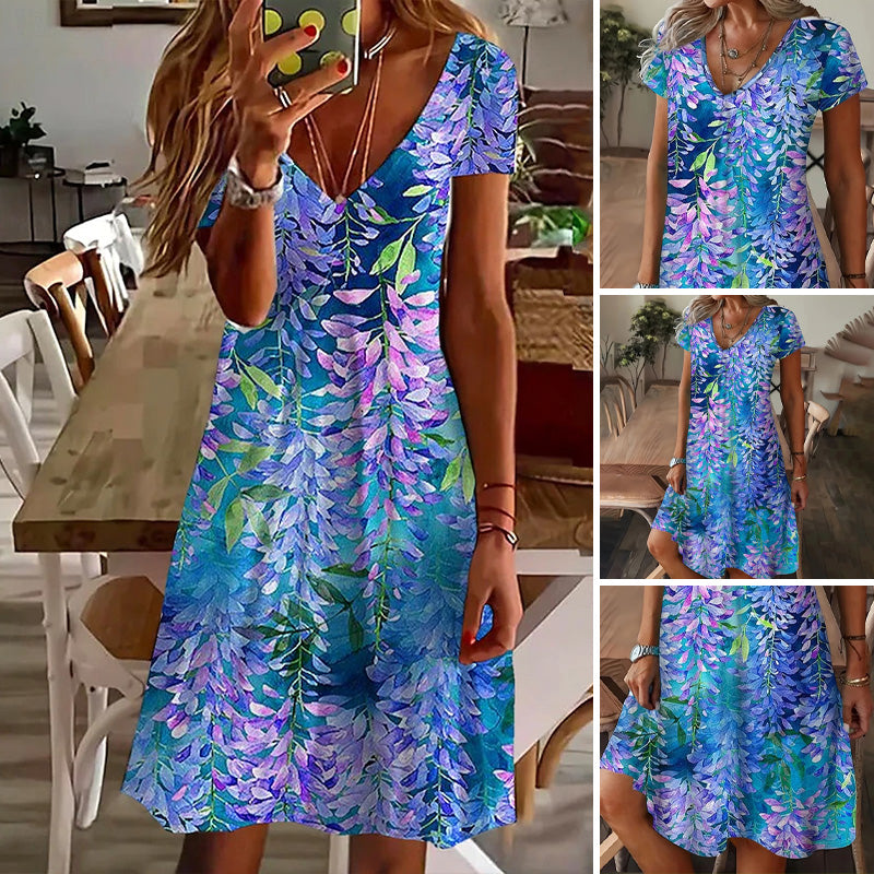 【S-5XL】Elegancka sukienka z krótkim rękawem i nadrukiem